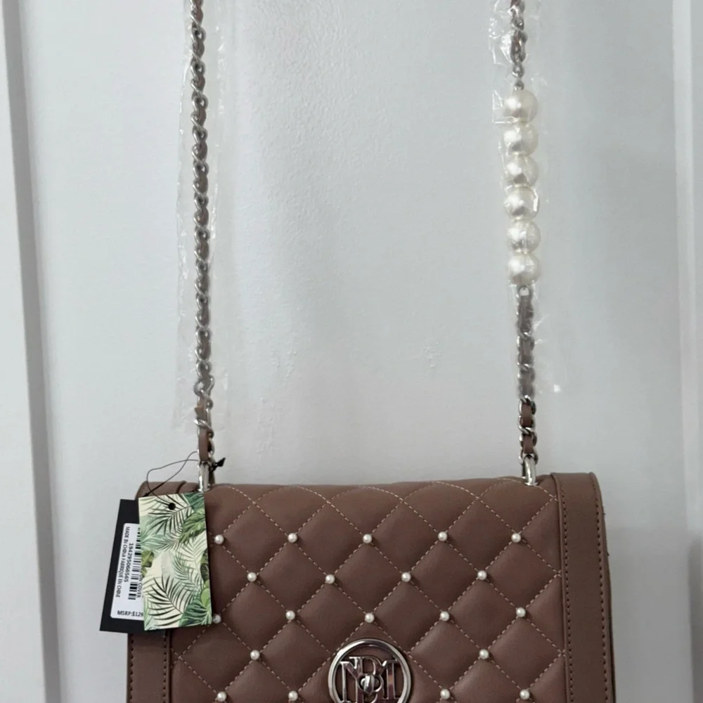 Badgley Mischka Light Brown Quilted Pearl Crossbody Bag